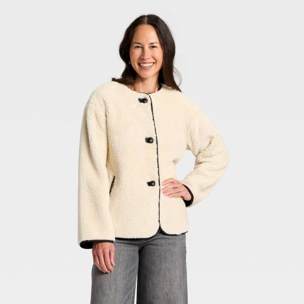 Universal Thread Cream Sherpa Jacket with Black Trim
